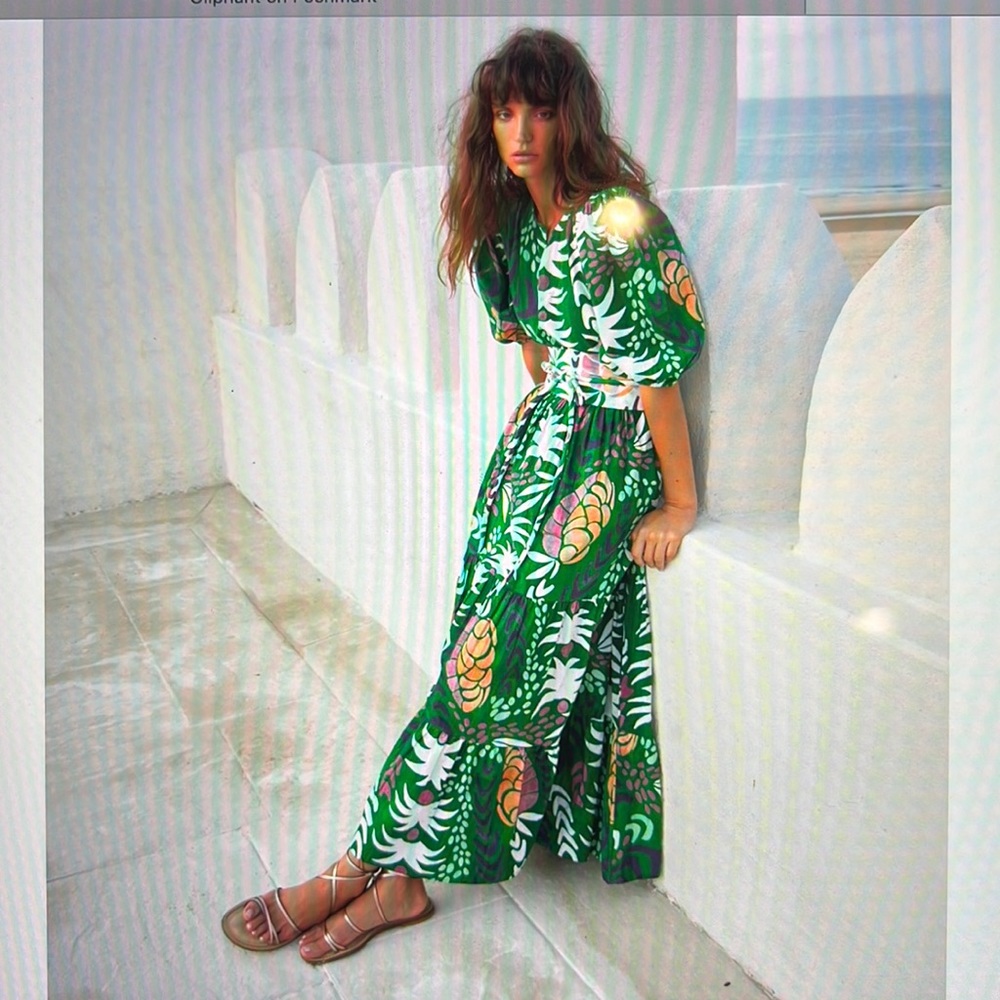 Oliphant, puff sleeve maxi grenadine green dress